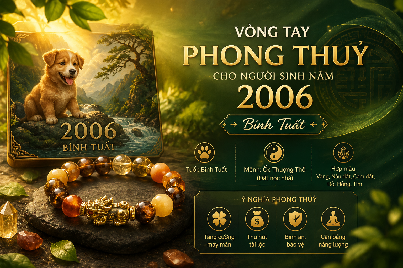 vòng tay phong thủy cho người sinh năm 2006 tuổi Bính Tuất mệnh Thổ